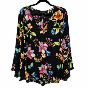 INC International Concepts Floral Butterfly Bell Sleeve Blouse Black V-Neck 1X